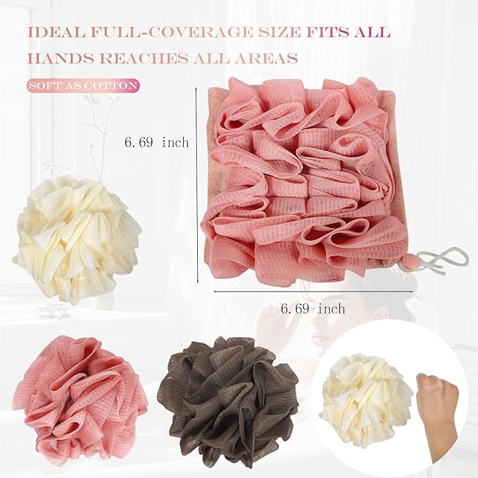 3-Pack Loofah Washcloth Combo 2-in-1, Exfoliating Soap Saver Pouch with Bar Soap Pocket, Reusable Shower Sponge for Body Wash & Smooth Skin, Coffee Brown, Pink, White