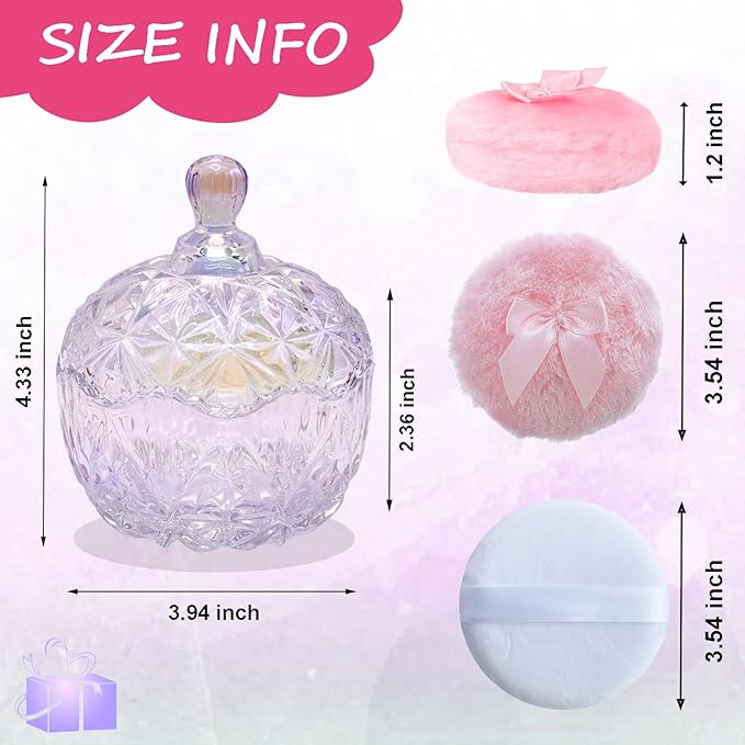 5 Pieces Large Body Powder Puff and Powder Container, Crystal Case for Dust Puff, Powder applicator with Box for Face and Body (Glitter, Crown)