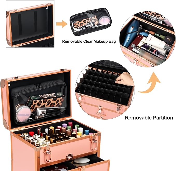 3 in 1 Rolling Makeup Case, Professional Cosmetology Case on Wheels, Detachable Clear Makeup Bag & Nail Polish Organizer, Portable Makeup Trolley with Drawers for Makeup Artists & Nail Technicians