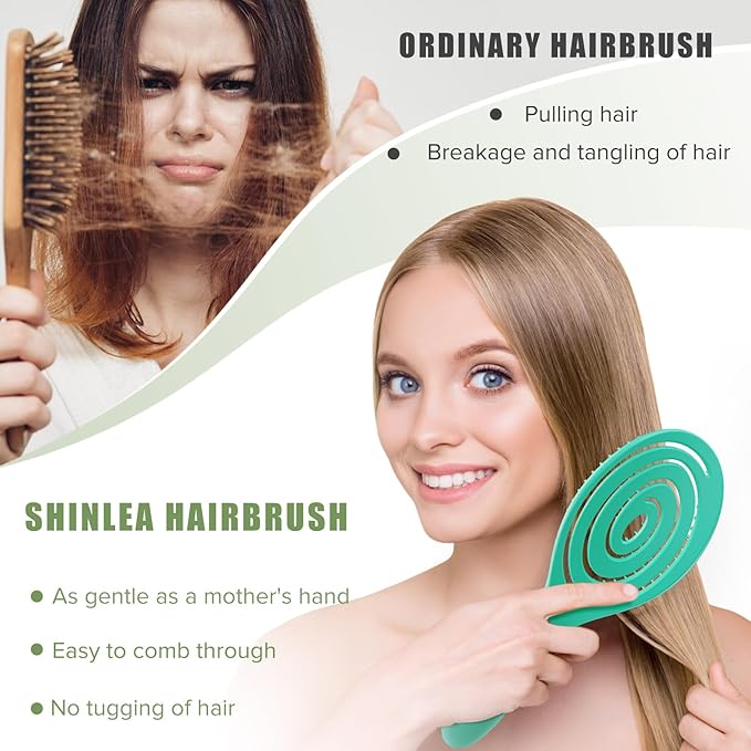 Hair Brush, Detangle Anti Tangle Brush, Spiral Hairbrush for Wet & Dry Hair, Women, Men, Kids, Glide Through Tangles For All Hair Types, Green