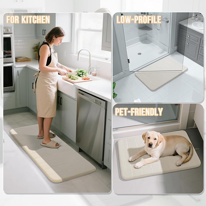 Yimobra Memory Foam Bath Mat Set 2 Piece - Super Soft Absorbent Quick Dry Bathroom Toilet Rugs, Machine Washable Non Slip Floor Carpet for Tub Shower & Single Sink (31.5x20 & 24x20, Cream White)