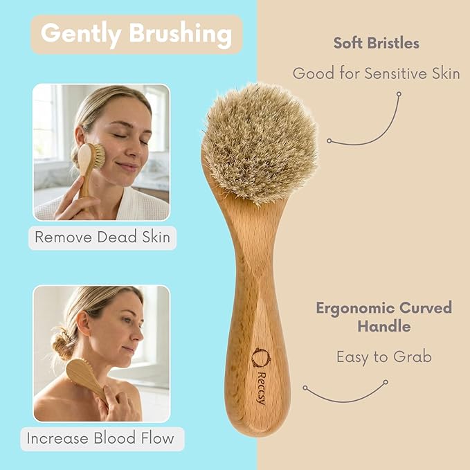 Face Dry Brush for Lymphatic Drainage Set,Exfoliating Face Brush+Face Scrubber for Women+4pcs Organic Facial Exfoliating Pads Reusable.Wooden Small Soft Bristle Facial Brushes for Cleaning.