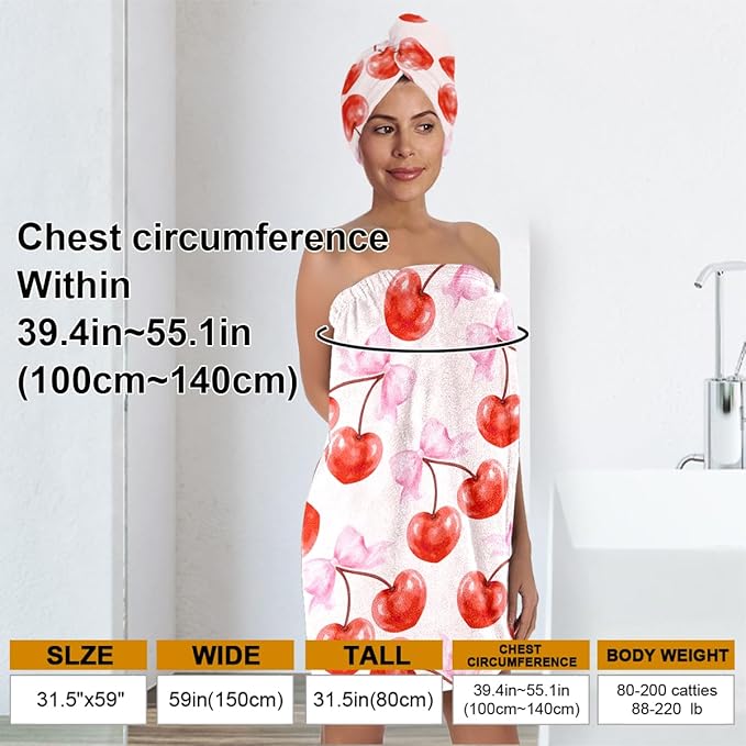 Women's Cherry Bow Towel Wrap and Hair Drying Cap Set – Pink Microfiber Shower Wrap with Red Cherries & Bows – Cute Quick Dry Spa Gift for Girls & Teens (Cherry 2)