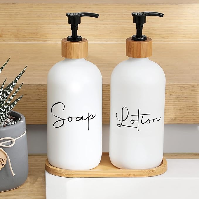 17 oz Hand Soap Dispenser Empty Glass Lotion Pump Bottles, Refillable Liquid Dish Soap Bottles for Bathroom Decor, Kitchen Sink, Matte Design and Wood Tray, Pack of 2, White