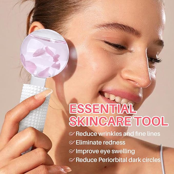 Ice Globes & Ice Roller for Face and Eyes - Facial Massage Tools for Skin Care, Reduce Wrinkles & Puffiness, Cooling Globes & Roller Ball for Glowing Skin 2PCS (Pink)