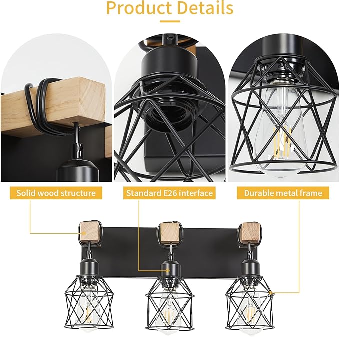 3-Light Farmhouse Bathroom Vanity Light with Wood & Matte Black Metal, Wall Sconce for Mirror, Bedroom, Hallway