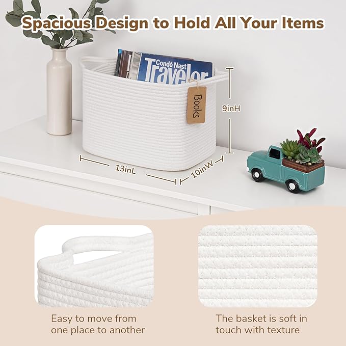 Goodpick Rope Basket, Storage Baskets for Organizing, Rectangle Baby Nursery basket with Handles, Small Woven Basket for Shelves, Living Room, 13 x 10 x 9 Inches, White