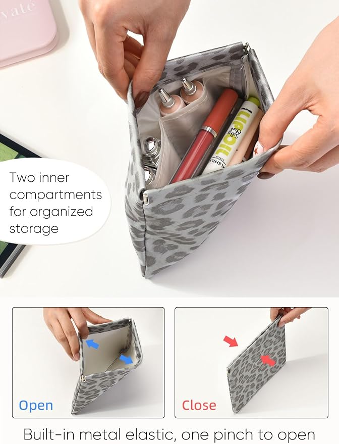 Leopard Leather Small Makeup Pouch for Women,Cosmetic Accessories,Waterproof and Portable Cosmetic Bag,Self-closing, No Zipper, Aesthetic Storage Pouch,Lipstick for Purse,Pearl White Gery