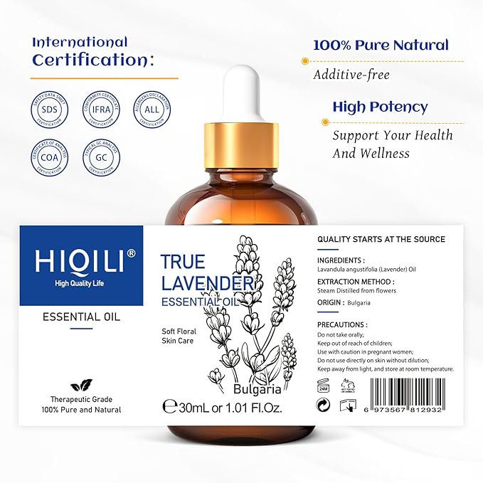 HIQILI Lavender Essential Oil 30mL - 100% Pure Undiluted for Diffuser, Sleep, Skin & Hair - Therapeutic Grade, GC/MS Tested, IFRA Certified