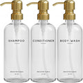 Luxury Shampoo and Conditioner Dispenser Set by Brighter Barns - Shampoo Conditioner Body Wash Dispenser - Refillable Plastic Shower Bottles for Gold Bathroom Decor, Airbnb, Spa, Hotel (Clear/Gold)