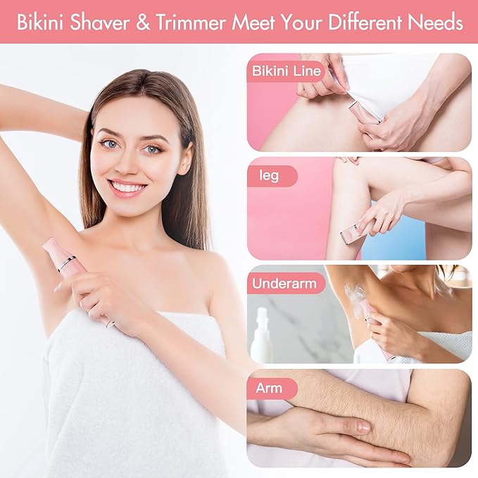 Electric Bikini Trimmer for Women - 2 in 1 Electric Lady Clipper Pubic Hair Groomer Painless Hair Removal Razor Body Shaver, Portable Ladies Shaver with 2 Trimmer Heads, IPX7 Waterproof