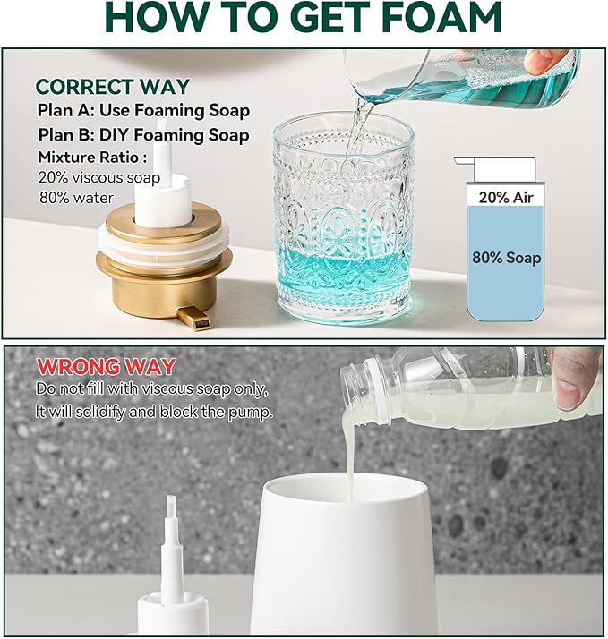 Glass Foaming Soap Dispenser - 8 Oz Foam Hand Soap Dispenser for Bathroom, Face Wash Dispenser Bottle with Golden Foam Pump, Refillable Lotion Dish Dispenser for Kitchen