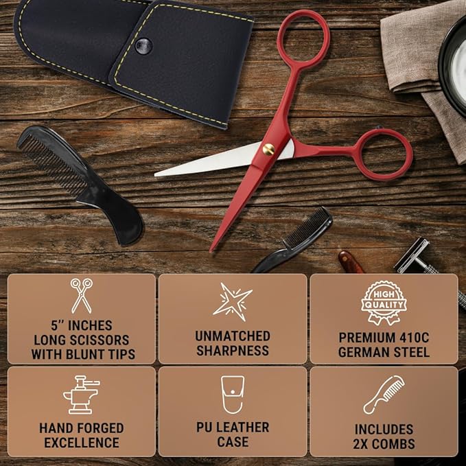 Ontaki Beard & Mustache Scissors for Men - 5inch, True Red - 410C German Steel Durable, Ergonomic Design Travel Friendly Facial Hair Scissors - Beard Grooming Kit 2 Combs & Case Perfect for Styling