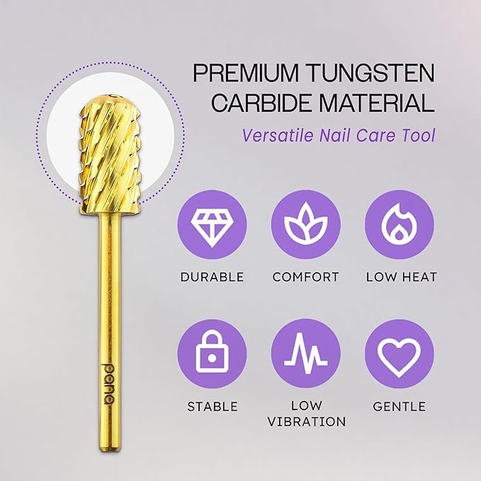PANA 3/32" Large Smooth Round Top Safety Carbide Nail Drill Bit for Gel Polish & Acrylic Removal Nail Salon Manicure Pedicure Electric File Tools (Large Barrel - Gold, 3X Coarse)