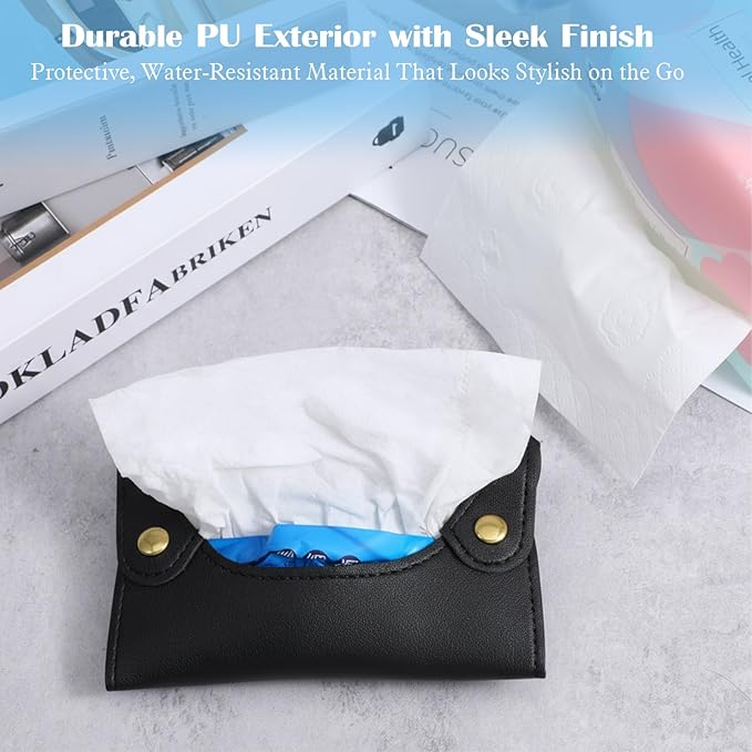 Pocket Tissue Holder, Tissue Holder for Purse, Pocket Paper Towel, Soft PU Leather Reusable Travel Pouch Paper Box Bag for Face Towels, Black