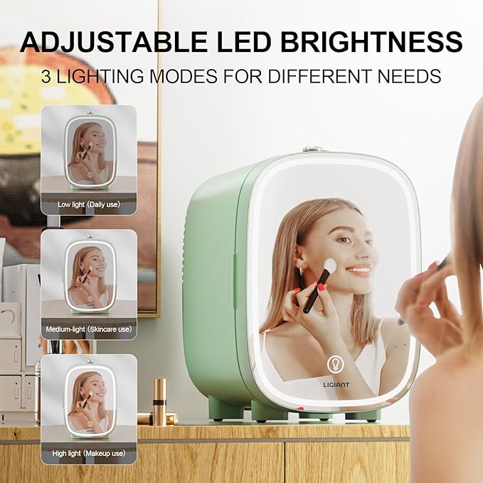 DF01A Skincare Fridge, With 3-Level Dimmable LED Light Mirror, Low Noise 4L Makeup Fridge for Skincare, Cooler & Warmer, Portable Design for Multiple Uses - Bedroom, Office, and Car