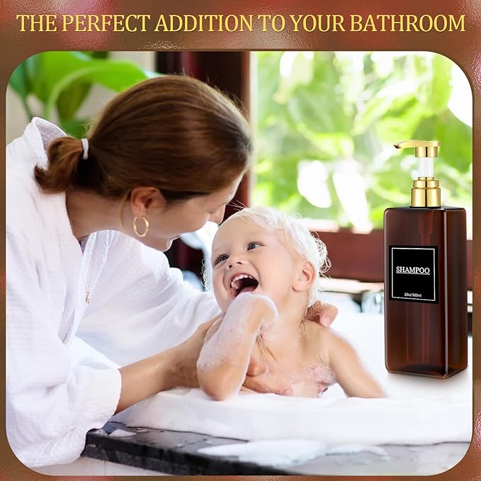 Gejoy 12 Pack Amber Shampoo and Conditioner Dispenser Bottles, 17 Oz/ 500ml Refillable Empty Pump Bottles with Labels and Marker Pen, Plastic Square Pump Dispenser Bottle for Bathroom Body Wash Shower
