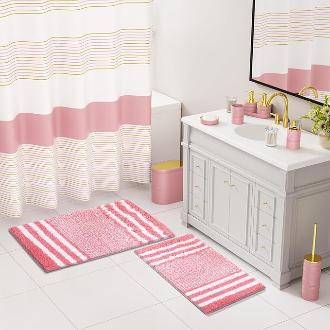 Bathroom Set - Bathroom Sets with Shower Curtain and Rugs, 25PC Bathroom Accessory Set, Pink Bathroom Accessories Set with Trash Can, Soap Dispensers