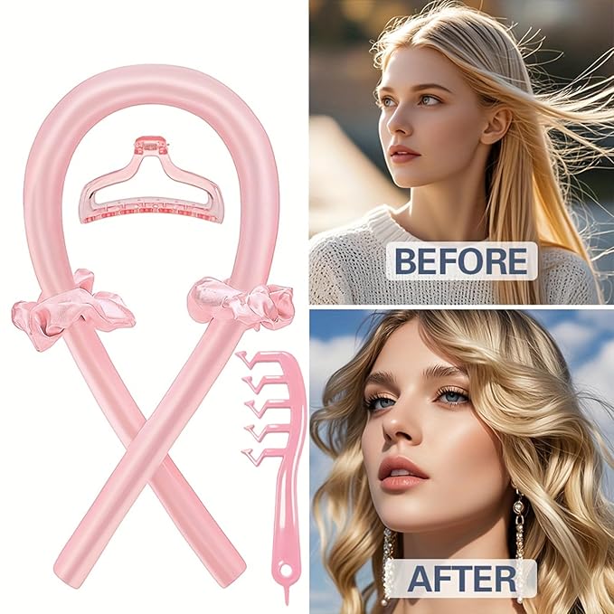 Satin Heatless Curling Rod-Heatless Curls Overnight – Hair Rollers & Hair Curlers to Sleep In – Hair Rollers for Blowout Look Long Hair – No Heat Damage, Comfortable for Night Use (Pink suit)