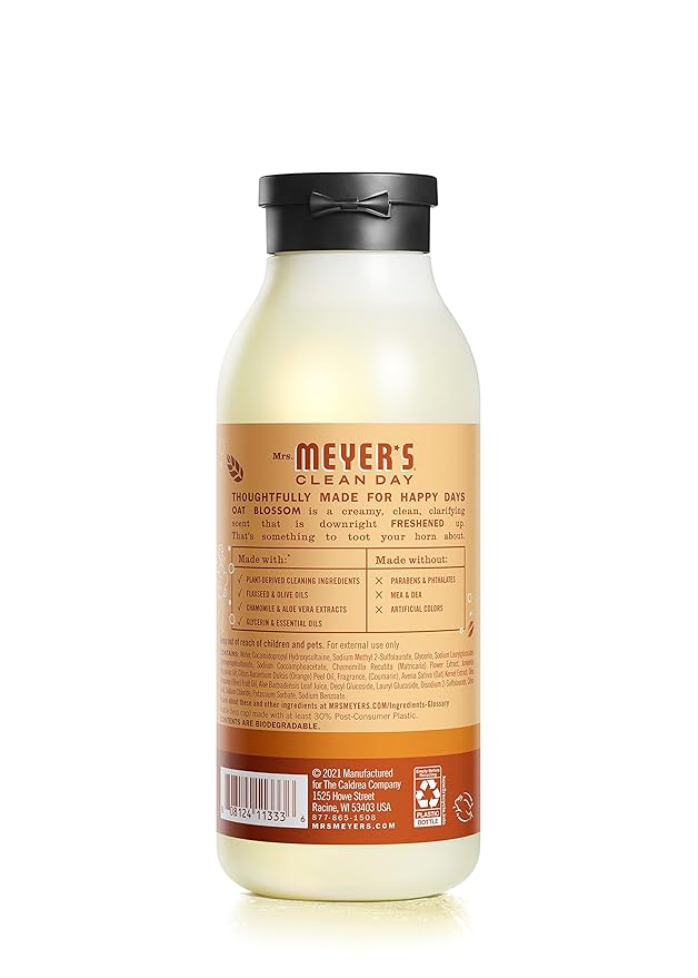 MRS. MEYER'S CLEAN DAY Moisturizing Body Wash for Women and Men, Shower Gel Formula Made with Essential Oils, Oat Blossom Scent, 16 oz