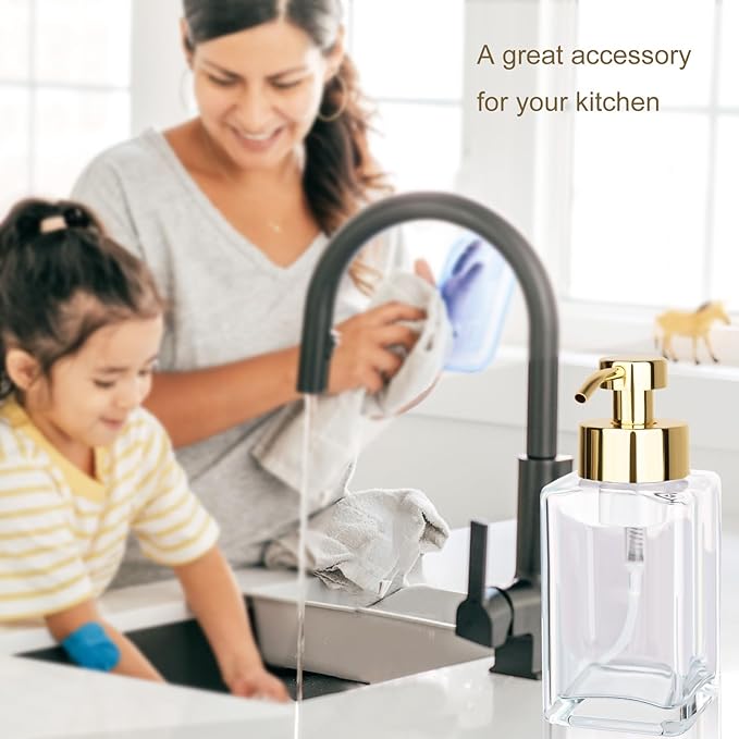 Foaming Soap Dispenser with Stainless Steel Pump, 12oz Refillable Glass Liquid Dish Soap Bottles for Bathroom, Kitchen Sink, Home Decor