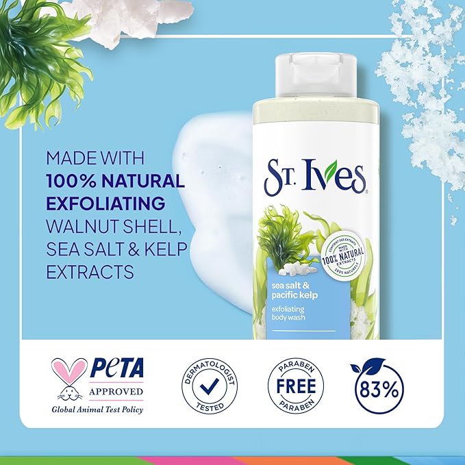 St. Ives Body Wash, Sea Salt & Pacific Kelp Exfoliating Shower Gel 2-Pack, 100% Natural Extracts, Cruelty-Free, 22 Oz Ea