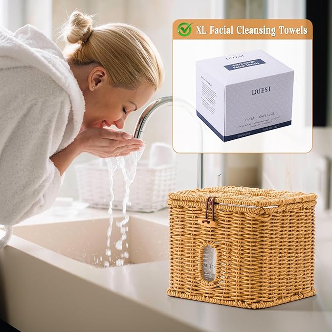 Facial Clean Skin Club Face Towels Holder for Bathroom, Plastic Rattan Disposable Face Towel Holder, Farmhouse Style for XL Face Towels Box Basket with Lid, Light Brown