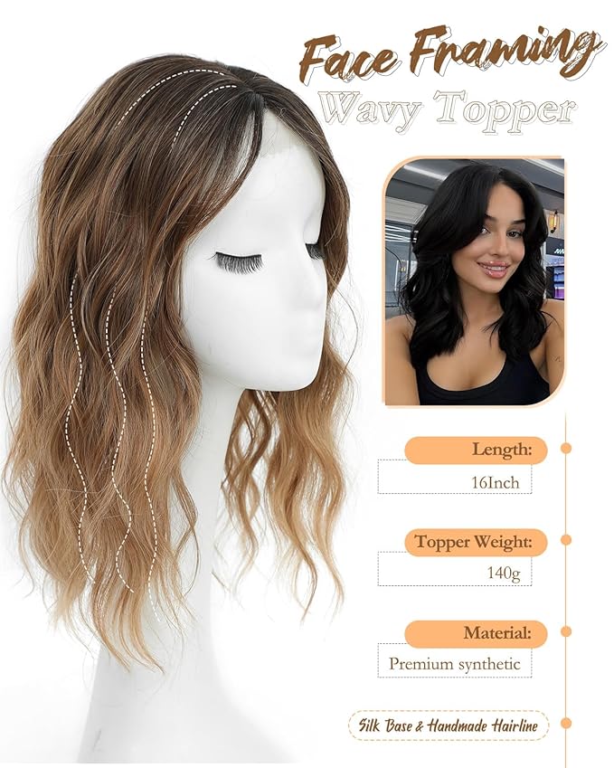 PANEWAY Hair Toppers for Women 16 Inch Synthetic Wavy Clip in Topper Wiglet, Natural Dark Brown Root to Caramel Blonde Ombre with Highlights, Add Volume & Coverage
