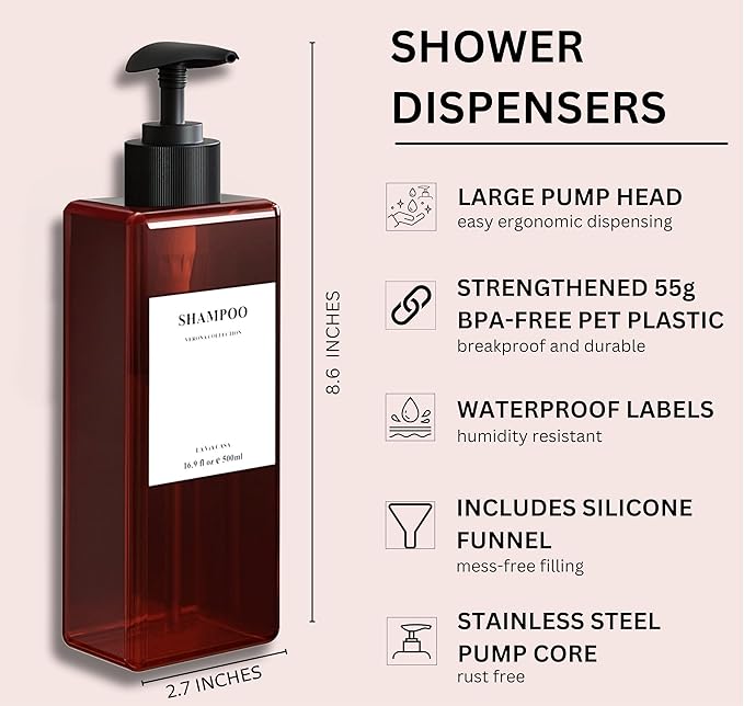Shampoo and Conditioner Dispenser | 3 Plastic Amber | Shampoo Dispenser with Waterproof Labels | Shower Bottles Refillable with Pump (Without Wall Mount)