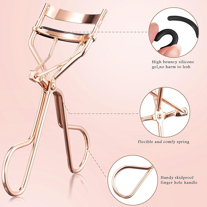 Pro Eyelash Curler – No Pinching, Hypoallergenic Rubber Pad for Perfect Curves, Painless & Gentle, Fits All Eye Types – Compact Travel-Friendly Design with Case (Rose Gold)