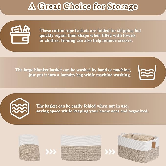 Goodpick Woven Storage Basket, 22”x17”x12” Large Blanket Storage for Living Room, Rope Baskets for Organizing, Rectangle Nursery Toy Box With Handles, Brown and White