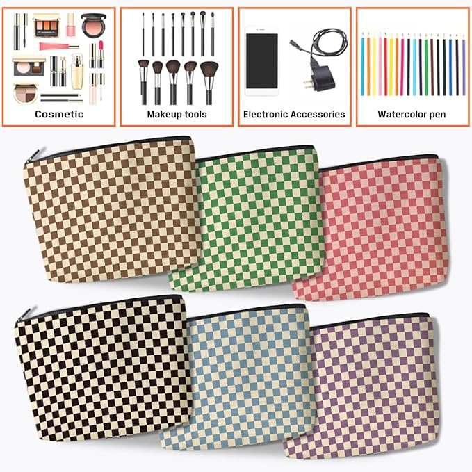 6 Pcs Checkered Makeup Bags Make up Bag Cosmetic Bags for Women Girls Sister Mom Teacher Graduation Christmas Birthday Travel Toiletry Bag Aesthetic Zipper Organizer Accessories, Cute Retro Plaid