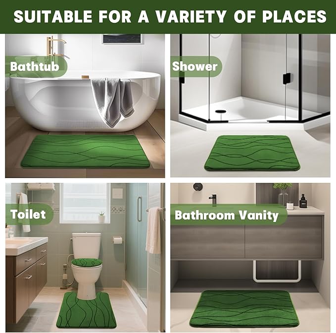 YIHOUSE Memory Foam Bathroom Rug Sets 3 Piece, Ultra Absorbent Bath Mat for Bathroom - Non-Slip Machine Washable & Dry Quickly, 3 Piece Bathroom Mat Set (Glass Green, 3 Pieces)