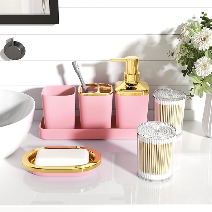 Bathroom Accessories Set - Luxury Pink Bathroom Set, 9 Pieces Bathroom Accessory Set, Pink Bathroom Accessories with Trash Can, Toilet Brush & Soap Dispenser