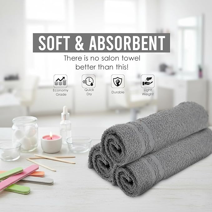 Hand Towels - Pack of 40, 16 x 27 Inches, 100% Cotton, Grey, Highly Absorbable, Facial, Gym, Hair, Face Towels