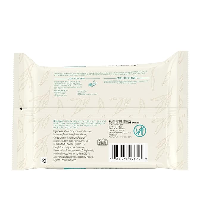 Aveeno Calm + Restore Unscented Makeup Remover Face Wipes, Fragrance Free Facial Cleansing Towelettes with Oat Extract & Calming Feverfew Leave Skin Feeling Soothed, Alcohol Free, 25 ct (Pack of 6)