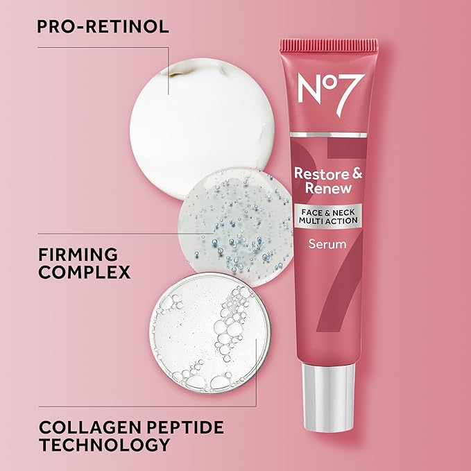 No7 Restore & Renew Multi-Action Face & Neck Serum - Anti Aging Serum for Deep Wrinkle Repair - Collagen Infused Skincare with a Hydrating Blend of Hibiscus Peptides & Hyaluronic Acid (2.5 Fl Oz)