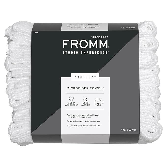 Fromm Softees Microfiber Hair Towels, Absorbent Salon Hair Towels for Hairstylists, Barbers, Spa & Gym, Fast-Drying, Ultra-Soft, Lint-Free, Multi-Purpose Towels, 16" x 29"- 10-Pack - White