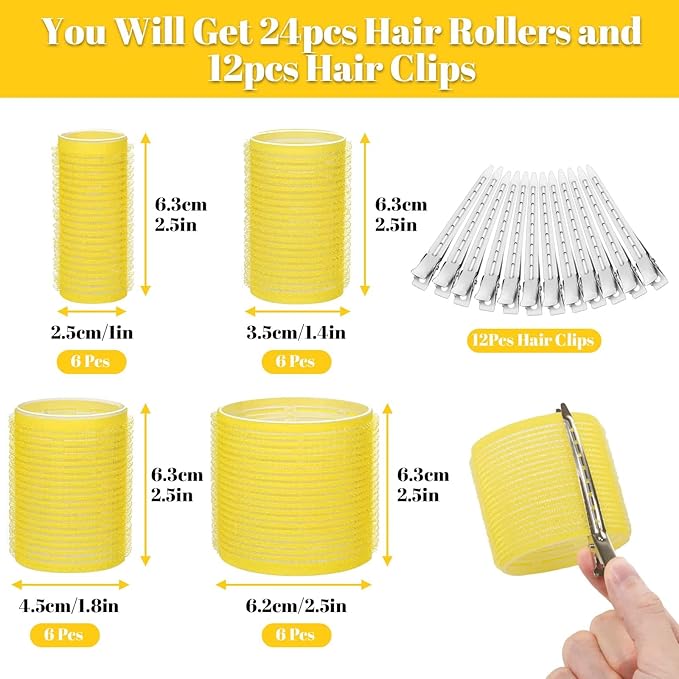 Self Grip Hair Rollers Curlers Set 36Pcs, Hair Roller Sets 4 Sizes (Jumbo, Large, Medium, Small) with Clips for Long Medium Short Thick Fine Thin Hair Volume