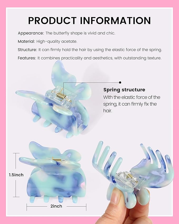 NAISIER Hair Clips, 3 Pack Butterfly Hair Clips Tortoise Shell Hair Claw Clips Jaw Clips 2.3 inch, Hair Accessories for Girls & Women (Mixed color, Blue, White, Pink-Purple)