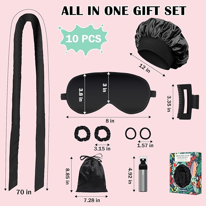 Satin Heatless Curls Overnight Hair Curlers to Sleep In Hair Curler Rollers No Heat Hair Wrap for Curls Headband, 70" Satin Heatless Curling Rod Set for Women Long Waves Hair Volume-Black 10PCS