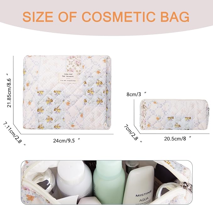 2PC Makeup Bag Set, Cute Cosmetic Bag for Women Girls, Floral Coquette Aesthetic Toiletry Bag, Travel Make Up Organizer Bag (Folk Style)