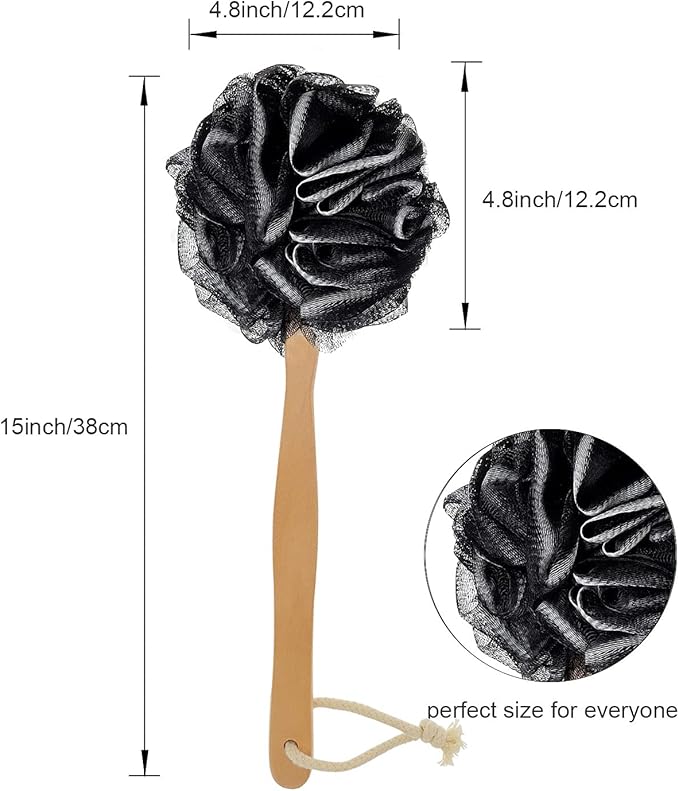 Black Loofah with Handle - Back Scrubber & Exfoliating Shower Sponge, PE Soft Mesh on a Wooden Stick for Men and Women