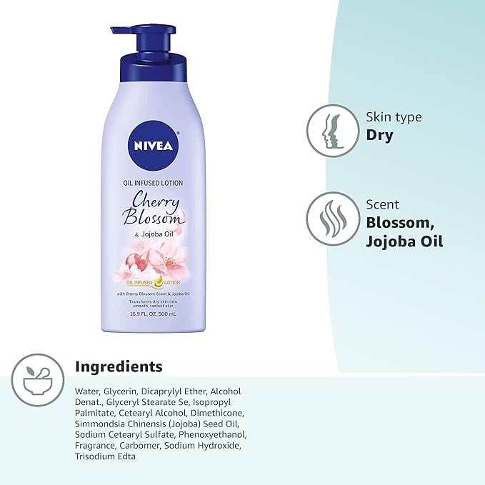 NIVEA Oil Infused Cherry Blossom and Jojoba Oil Body Lotion for Women, Fast-Absorbing and Non-Greasy Cherry Blossom Scented Lotion Moisturizes for 48 Hours, 16.9 Fl Oz Pump Bottle (Pack of 2)