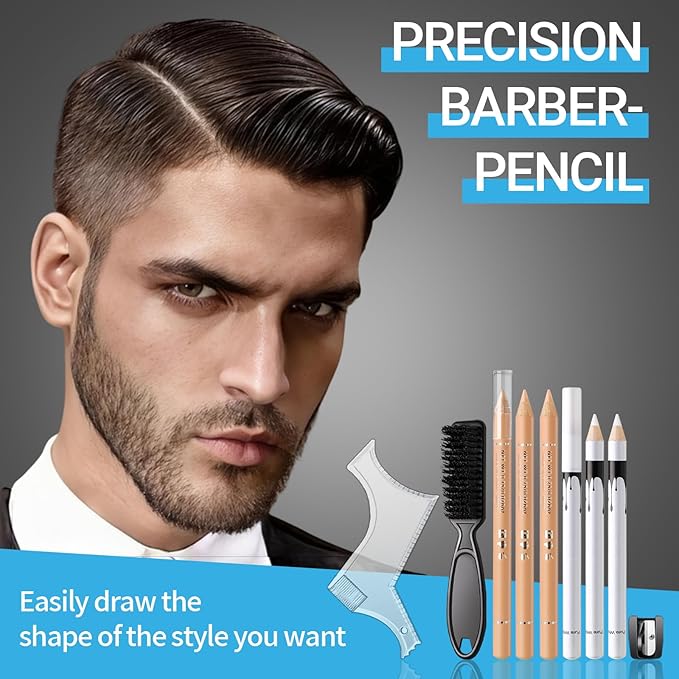 Noerrors Barber Pencil for Lineup White Beige Skin Tone Magic Hairline Pencils Barber Chalk Set Beard Guide Pen with Sharpener Ruler Brush for Hair Design Shaping Trace Grooming Makeup Tool for Men