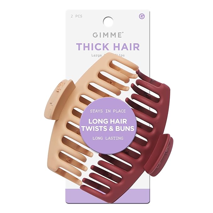 Gimme Beauty Thick Hair Claw Clips - Large Hair Claws for Curly & Textured Hair - Strong Non-Slip Curly Hair Accessories - Trendy & Washable Hair Styling Essentials - Red & Tan, 2 Pack