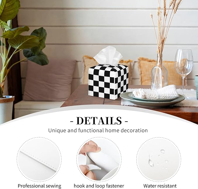 Black and White Checkerboard Tissue Box Cover Square,Square Grid Checkered Tissue Box Holder Waterproof Leather Facial Paper Organizer Dispenser for Bathroom Home Car Nightstand Vanity Desk