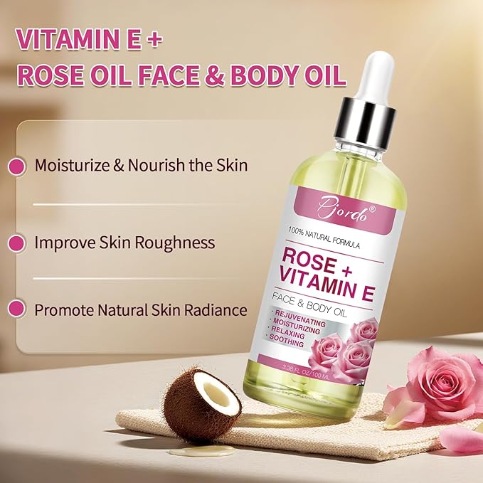 Vitamin E Rose Oil & Stainless Steel Gua Sha Facial Tools Set, Gua Sha & Vitamin E Oil for Face & Body, Moisturizing Skin, Relieving Muscle Fatigue & Improving Skin Elasticity