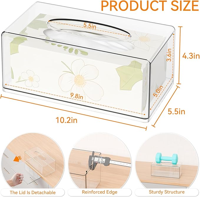Clear Acrylic Tissue Box Holder with Cover Facial Tissue Dispenser Box Case for Countertop,Clear Plastic Dryer Sheet Container Napkin Organizer for Bathroom, Kitchen,Home,Rectangle
