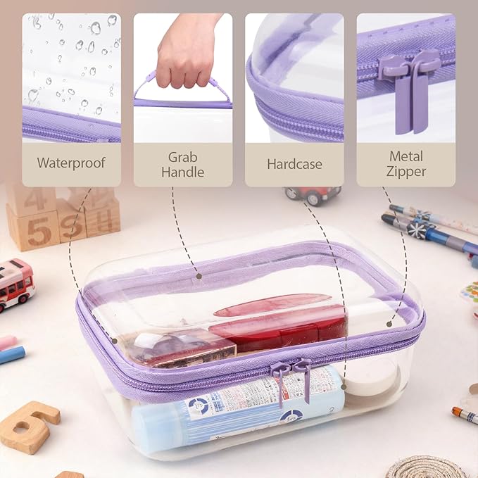 3 Pack Clear Hard Shell Zipper Case with Handle Waterproof Plastic Storage Pouches for Toiletry Makeup Cosmetic Toys Art Supplies Case Bag Organizer Travel